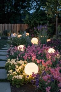a garden with flowers and lights