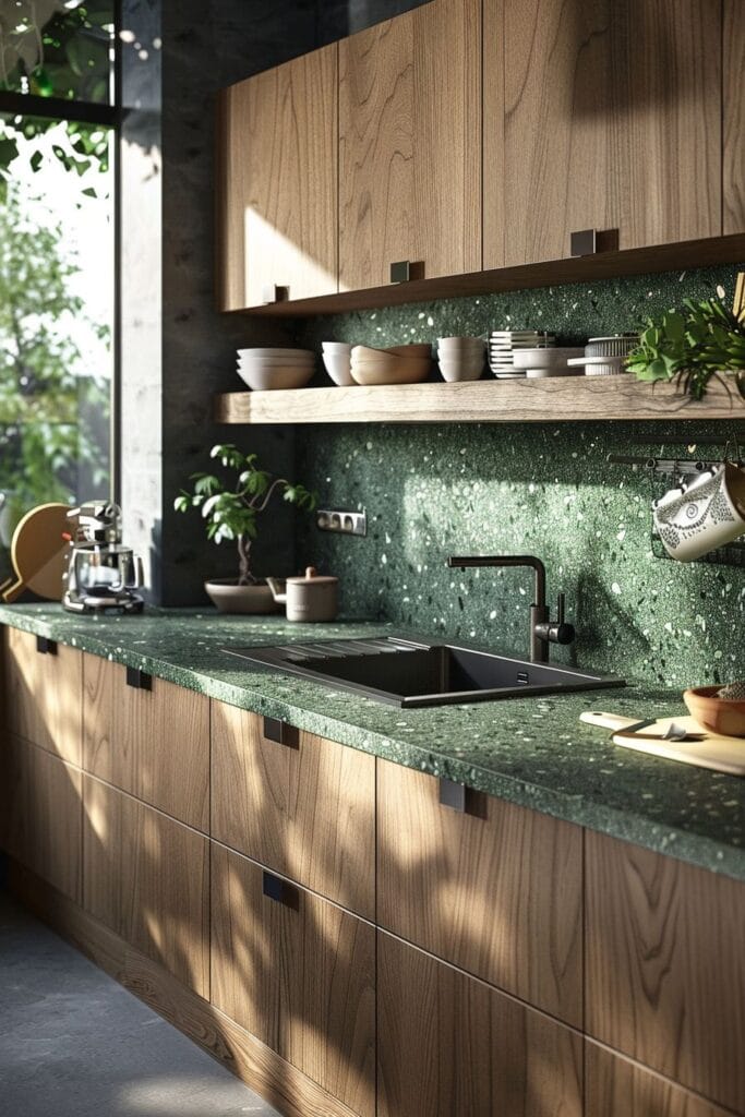 Modern kitchen with green countertop.