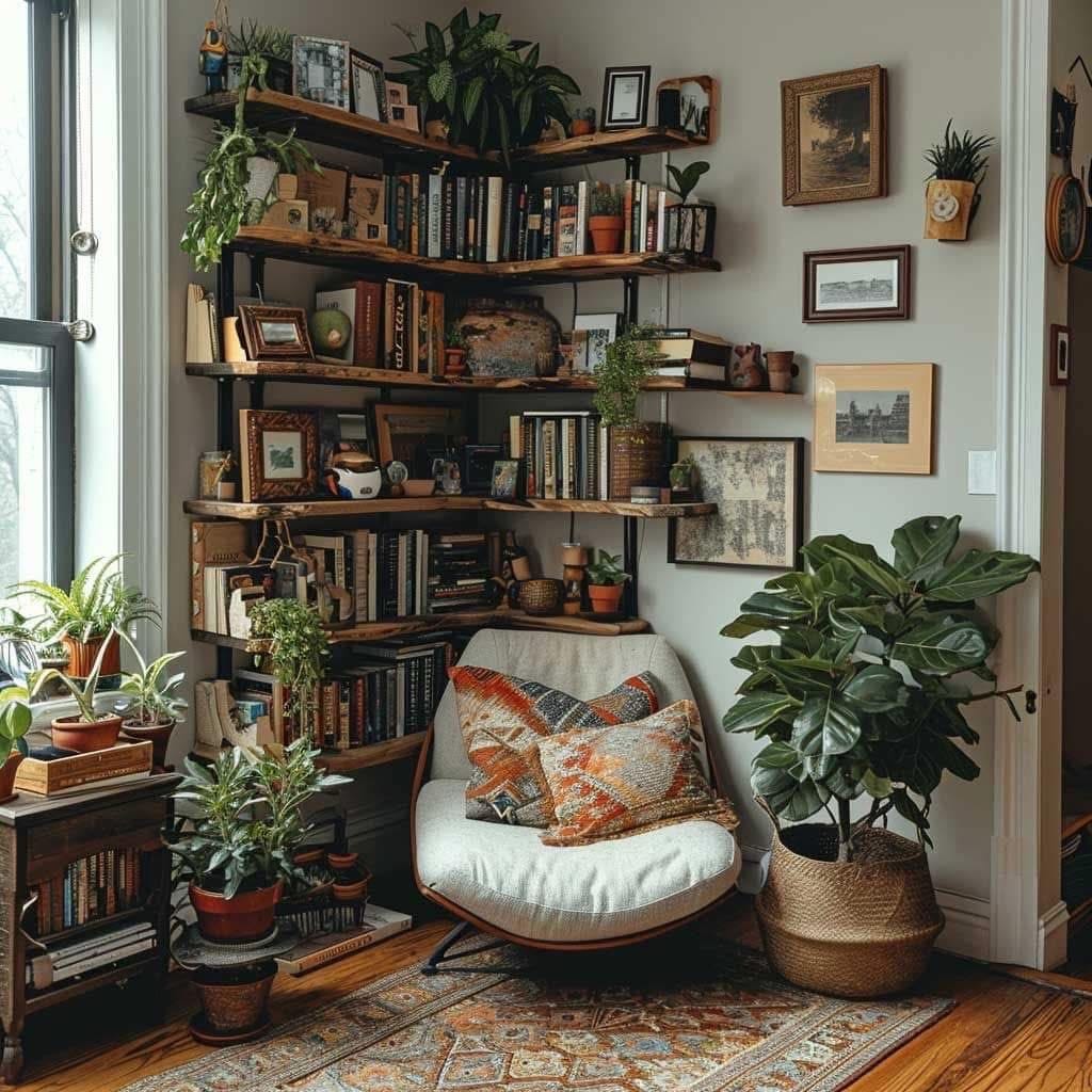 Cozy reading nook with plants.