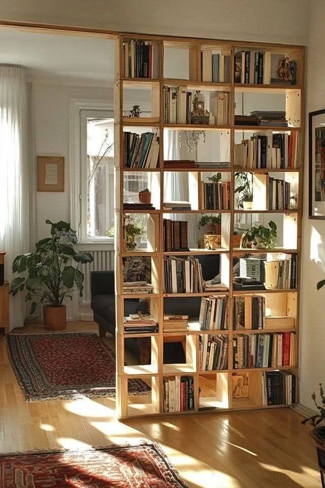 Cozy living room with bookshelves.