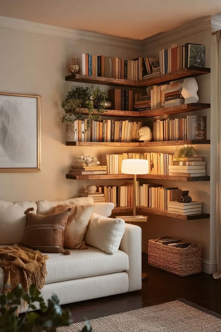 Cozy living room with bookshelves.